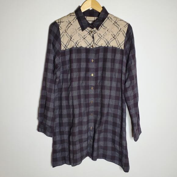 Johnny Was 3J Workshop lace front plaid Yoke Blouse in Great used Condition - Picture 1 of 8